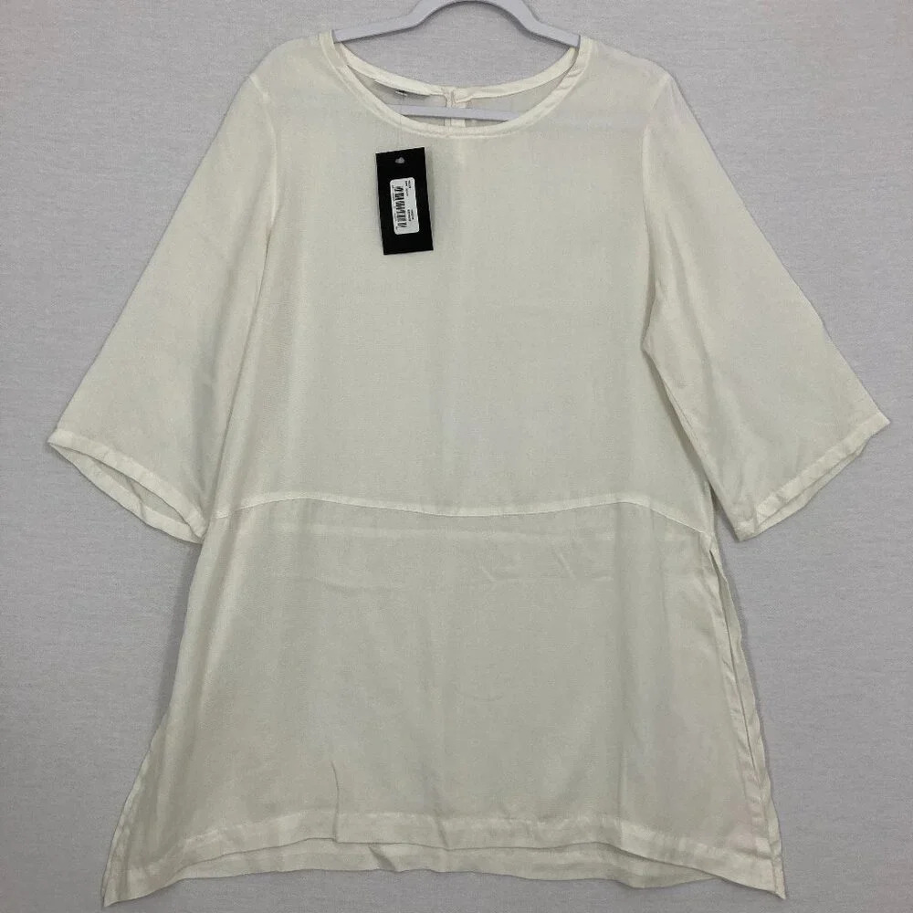 New Bryn Walker White Cream Round Neck Side Slit Soft Minimalist Tunic Medium‎